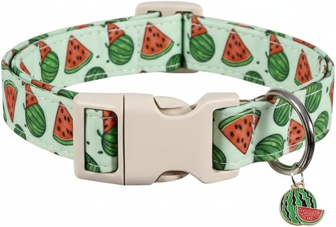 Summer Dog Collar for Large Dogs, Cute Dog Collar with Watermelon Pattern and Pendant, Green Pet Collar with Soft Cotton Fabric and Robust Buckle