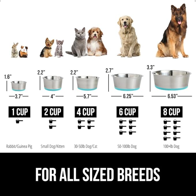 GORILLA GRIP Dog Bowls, Holds 4 Cups Each (32 fl oz), Heavy Duty Stainless Steel Food and Water Bowl for Feeding Dogs and Cats, Dishwasher Safe, Rust Resistant, BPA Free Rubber Base Set of 2 Turquoise