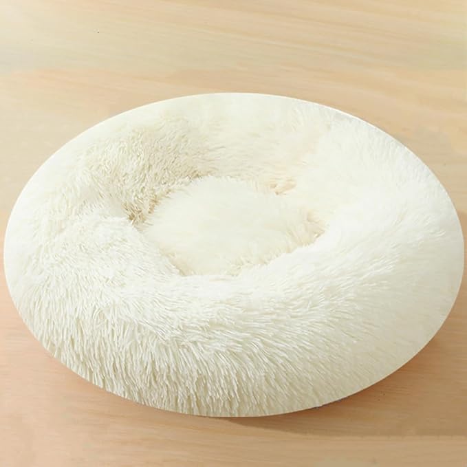 Donut Dog Bed Cat Bed, 20 Inch Round Fluffy Dog Beds for Small Dogs and Cats, Anti-Anxiety Donut Dogs Cuddler Bed, Washable Pet Bed for Medium Cats (White)