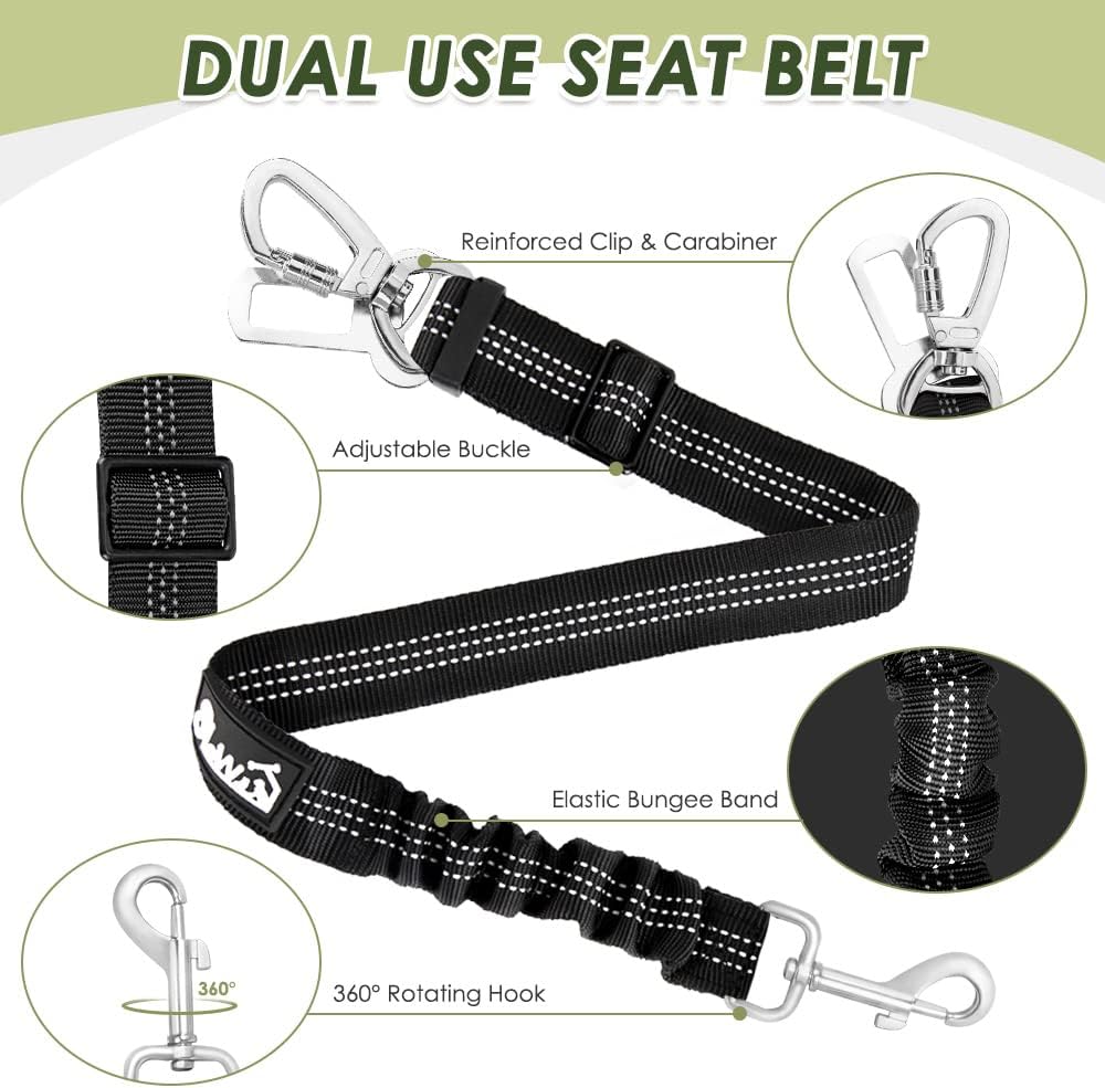 SlowTon Dog Seat Belt Harness for Car, Dog Car Harness Adjustable Mesh Breathable & Dog Seatbelt Safety Tether with Elastic Bungee for Small Medium Large Pets(Fuchsia, Double Clip, L)