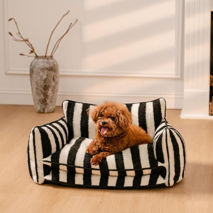Lazy Holiday Plush Cozy Dog & Cat Sofa Bed, Teddy Velvet Dog Bed, Trendy Striped Faux Lambswool Double Layer Dog & Cat Sofa Bed Dogs Sleeping Mat for Medium Small Dogs & Cats (Black and White,L)