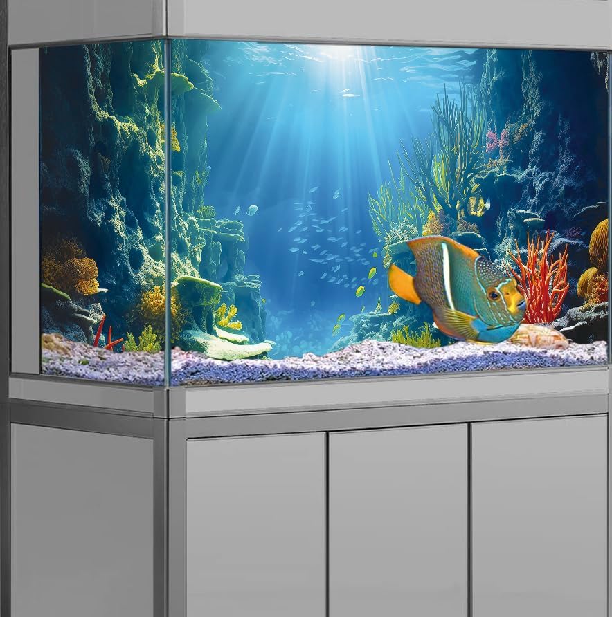 36X24IN Blue Sea Floor Aquarium Background, Natural Underwater World 3D Effect Fish Tank Decorations Background, Art Terrarium Background with 8 EVA Double-Sided Tape