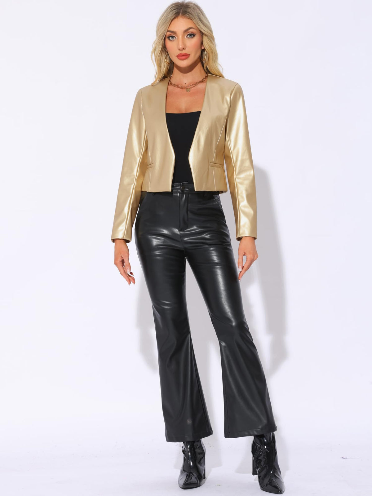 Allegra K Faux Leather Jacket for Women's Collarless Open Front Crop PU Moto Biker Jackets Small Gold