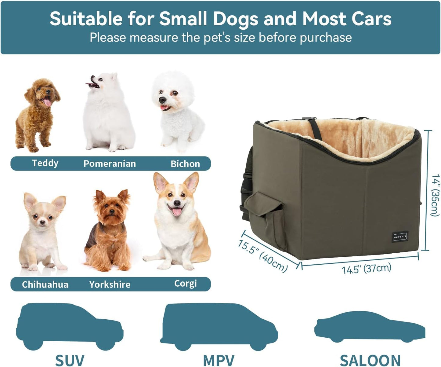 Petsfit Dog Booster Car Seat for Small Dogs, Dog Car Seat with Safety Leash, Suitable for Cars, Trucks, and SUVs (Small, Brown)