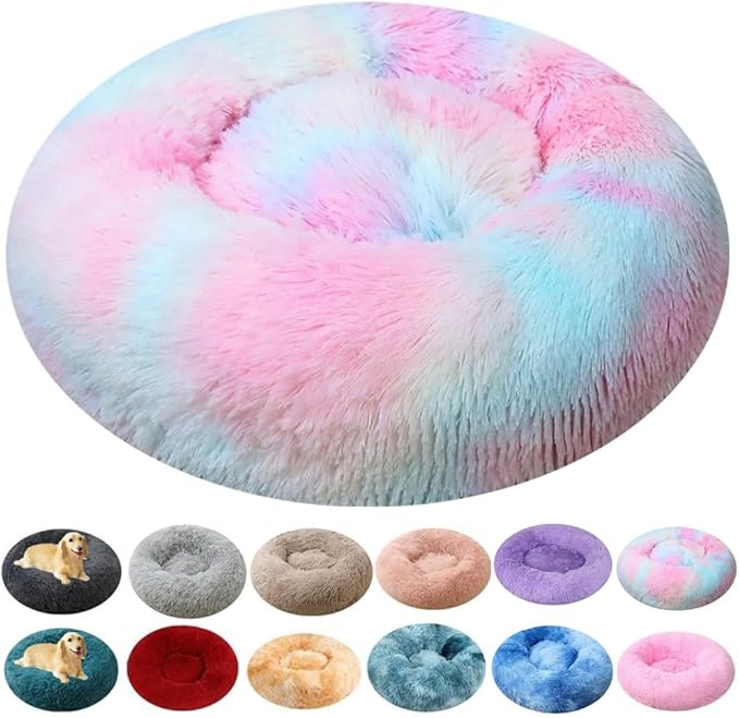 Large Calming Dog Bed, 47 Inch Anti-Anxiety Donut Dog Cuddler Cat Bed, Warming Cozy Soft Dogs Round Bed, Fluffy Faux Fur Machine Washable Pet Cushion for Medium Large Dogs & Cats (Multi Color)