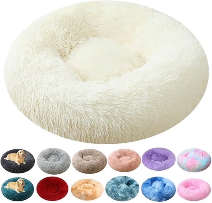 Dog Bed & Cat Bed for Small Medium Dogs, 27 Inch Calming Dogs Bed Anti-Anxiety Machine Washable Fluffy Luxury Anti-Slip Waterproof Pet Puppy Round Bed (White)