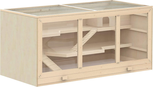 PawHut 45" Extra Large Wooden Hamster Cage, 3-Layer Chewproof Rat Cage with Opening Roof, Hut, Ramps, for Gerbil, Dwarf & Syrian Hamsters, Natural