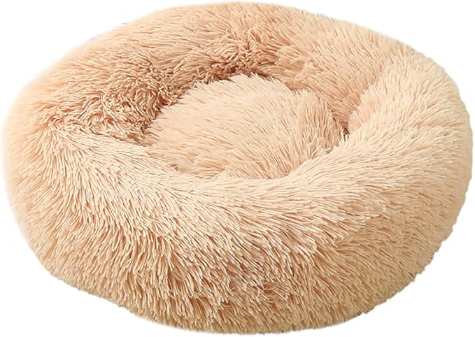 Calming Faux Fur Dog Beds Calming Donut Cuddler Dog Bed Washable Round Cat Bed Pillow Cuddler Fluffy Indoor Dog Calming Beds with Anti Slip Bottom Solid Color Champagne 16 Inch