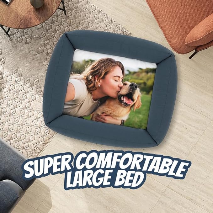 Ships Next Day, Made in USA - Custom Dog Bed – Dog/Puppy Bed w/Navy Blue Base - Personalized Pet Photo Upload - Indoor Use - Ideal Gift - Available in 3 Sizes (23.5x20 Inches)