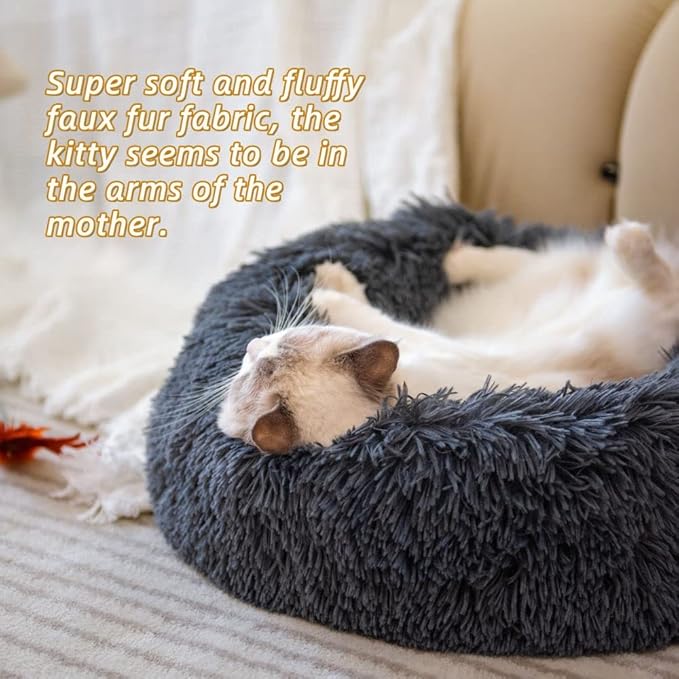 Original Calming Donut Dog and Cat Bed in Shag Fur, Dog Beds for Melium Dogs, Anti Anxiety Round Fluffy Plush Faux Fur Pet Bed (Dark Grey, XX-Large)