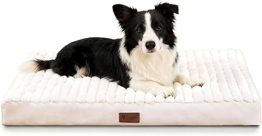 Orthopedic Dog Bed with Firm High-Density Egg Crate Foam,Soft Short Plush Surface Pet Beds,Machine Washable with Removable Cover & Non-Slip Bottom for Medium/Large Breeds (Beige, 35"L x 22"W x 3"H)