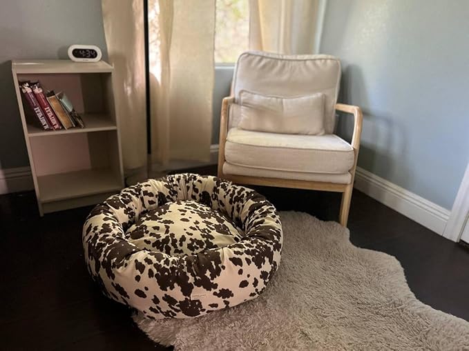 Organic Cotton Canvas Dog Bed: Removable Cover, Natural Fill - Made in USA (Cow Print Brown White, X Large 42" x 8" inches)