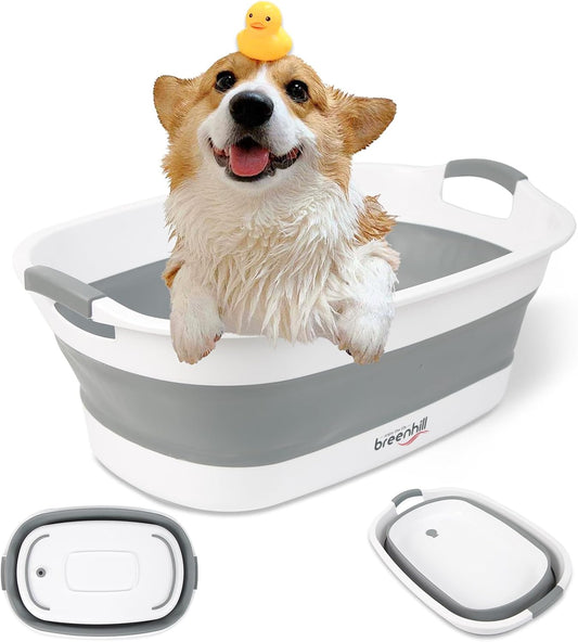 Collapsible Dog Bath Tub for Small Dogs & Cats, Portable Puppy Bath Tub with Water Drain Plug, Space Saving Foldable Pet Bathtub for Indoor & Outdoor Use, Grey