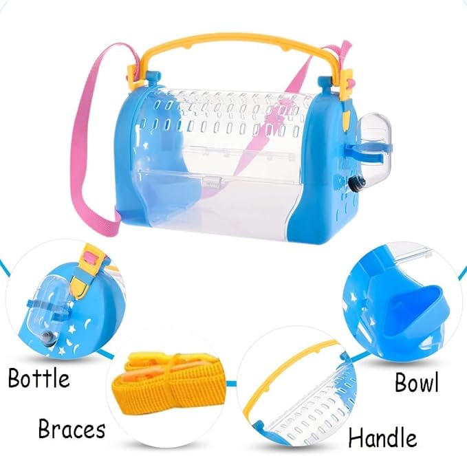 kathson Portable Hamster Cage Dwarf Hamster Carry Travel Cage with Water Bottle Food Bowl Adjustable Strap Pet Outgoing Cage for Gerbil Hedgehog Mice Squirrel