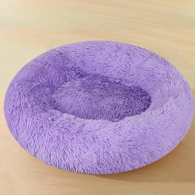 Calming Dog & Cat Bed, 24 Inch Anti-Anxiety Donut Cuddler Cat Bed with Anti-Slip Bottom, Washable Round Fluffy Pet Bed for Small Medium Dogs and Cats (Purple)