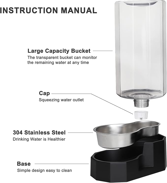 Sfozstra Large Dog Water Dispenser: 9L Automatic Black Water Feeder with Stainless Steel Bowl - Without Filter - Gravity Design for Multiple Pets Indoor/Outdoor