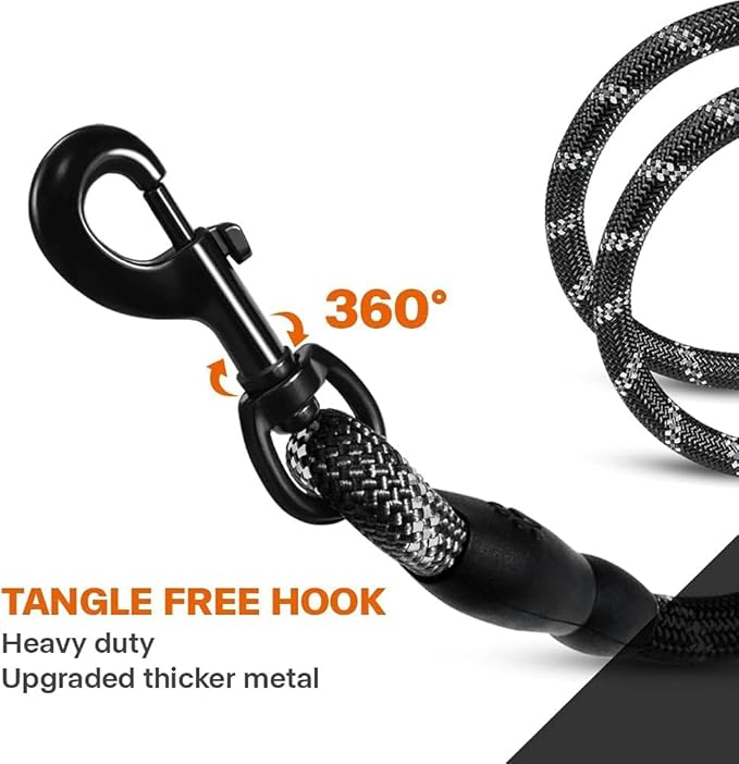 Taglory Rope Dog Leash 5 FT with Comfortable Padded Handle, Highly Reflective Threads Leash and Anti-Tangle Clip for Walking Medium Large Dogs, 1/2 inch, Black