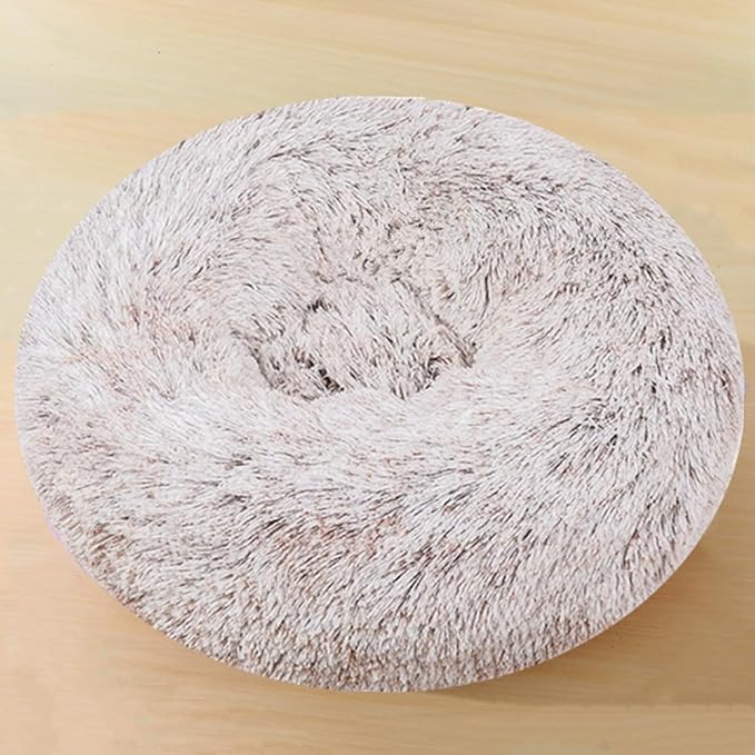 Large Calming Dog Bed, 40 Inch Anti-Anxiety Donut Dog Cuddler Cat Bed, Warming Cozy Soft Dogs Round Bed, Fluffy Faux Fur Machine Washable Pet Cushion for Medium Large Dogs & Cats (Coffee White)