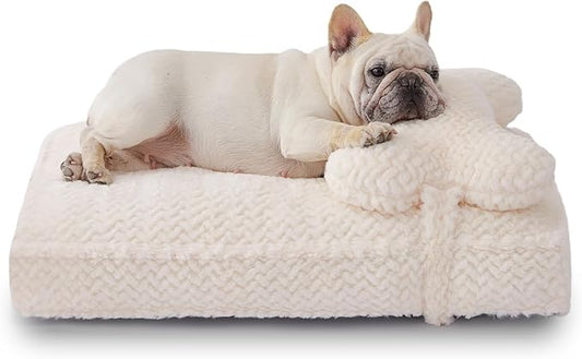 Soft Touch Faux Fur Dog Bed for Medium to Large Sized Dogs 8.5" Extra Thick, Orthopedic Pet Bed with Waterproof Liner and Washable Cover, with Removable Cute Pillow, Cream Color