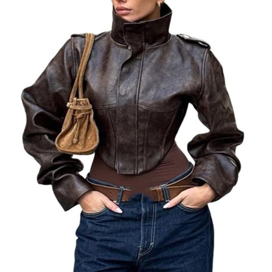Wuitrie Womens Vintage Faux Leather Jacket High Neck Cropped Coat Long Sleeve Fashion Outerwear Casual Street Style