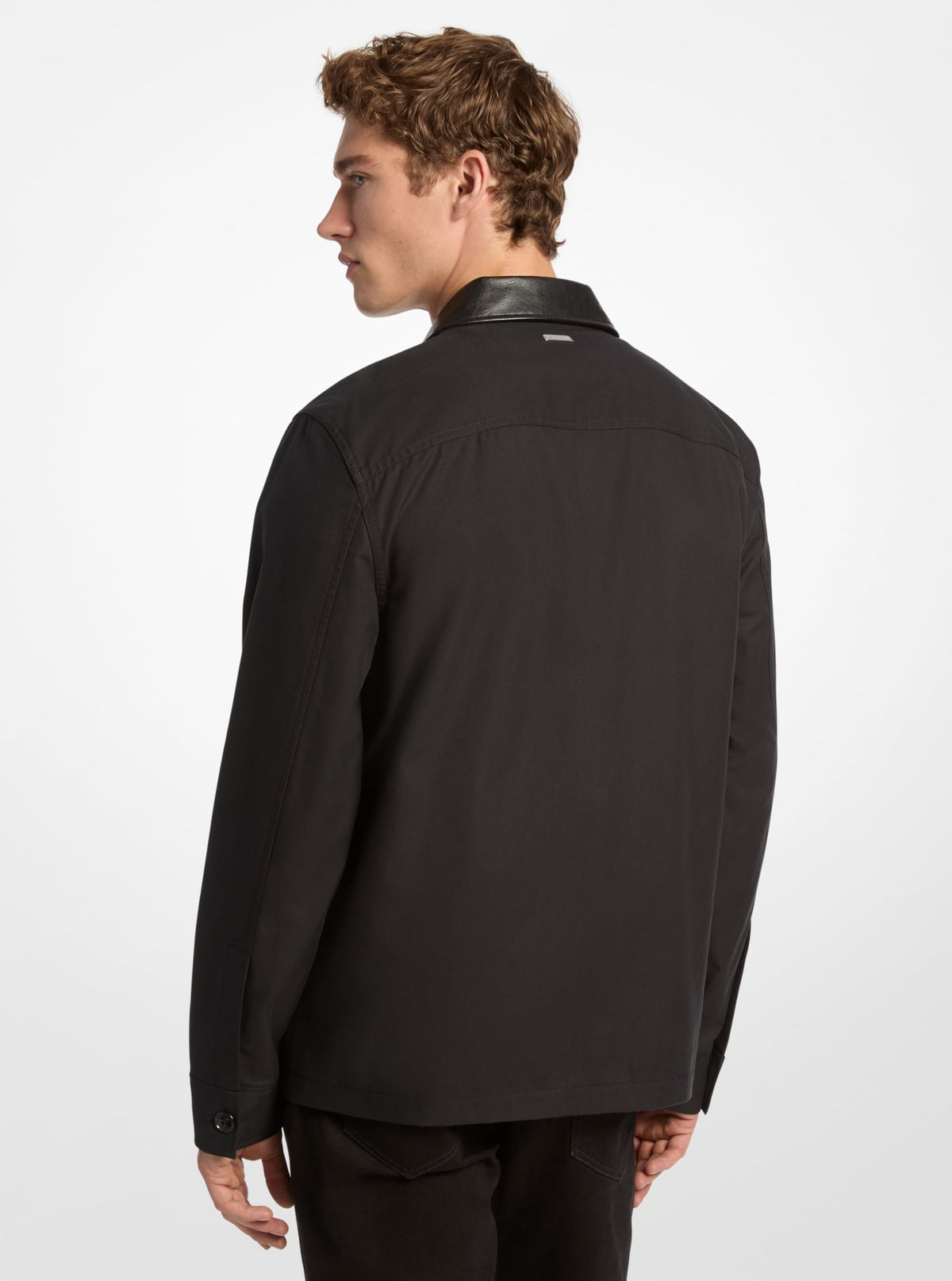 Michael Kors Men's Leather Collar Twill Shirt Jacket, Black, S