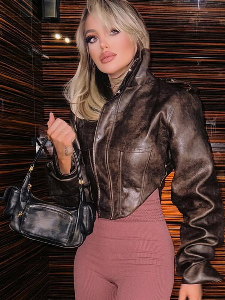 Wuitrie Womens Vintage Faux Leather Jacket High Neck Cropped Coat Long Sleeve Fashion Outerwear Casual Street Style