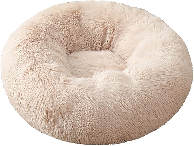 Calming Faux Fur Dog Beds Calming Donut Cuddler Dog Bed Washable Round Cat Bed Pillow Cuddler Fluffy Indoor Dog Calming Beds with Anti Slip Bottom Solid Color Beige 27 Inch
