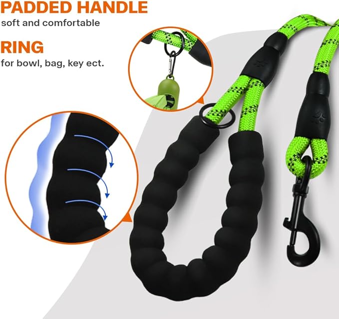 Taglory Rope Dog Leash 5 FT with Comfortable Padded Handle, Highly Reflective Threads Leash and Anti-Tangle Clip for Walking Small Dogs, 3/8 inch, Green