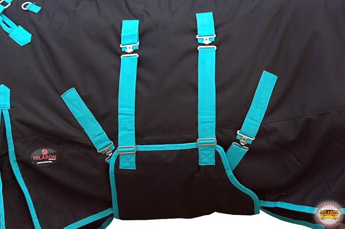 HILASON Black with Turquoise Trims 68 inch 1200D Winter Waterproof Poly Horse Turnout Blanket Belly Wrap