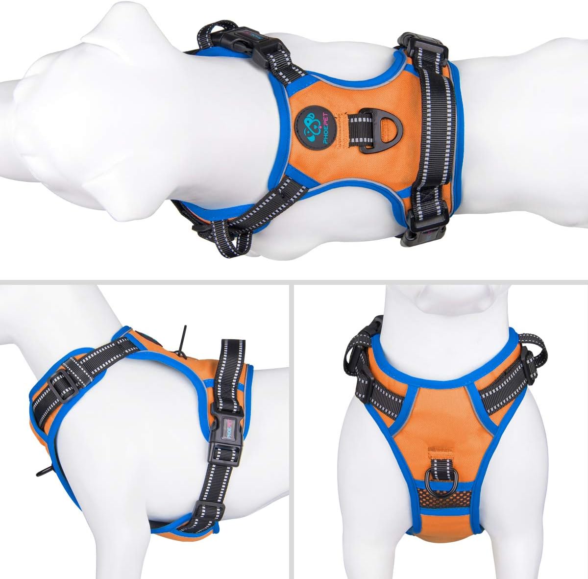 PHOEPET 2019 No Pull Dog Harnesses for Small Dogs Reflective Adjustable Front Clip Vest with Handle 2 Metal Rings 3 Buckles [Easy to Put on & Take Off] (XS, Orange)