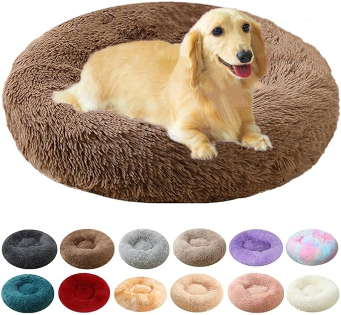 Large Calming Dog Bed, 47 Inch Anti-Anxiety Donut Dog Cuddler Cat Bed, Warming Cozy Soft Dogs Round Bed, Fluffy Faux Fur Machine Washable Pet Cushion for Medium Large Dogs & Cats (Coffee)
