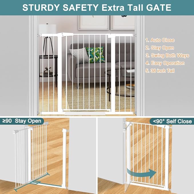 Fairy Baby 38" Extra Tall Dog Gates Indoor, 81.9"-84.6" Extra Wide Baby Gates for Large Openings, Metal Auto Close Safety Child Gate Indoor, Pressure Mounted Pet Gate No Climb Fence, White