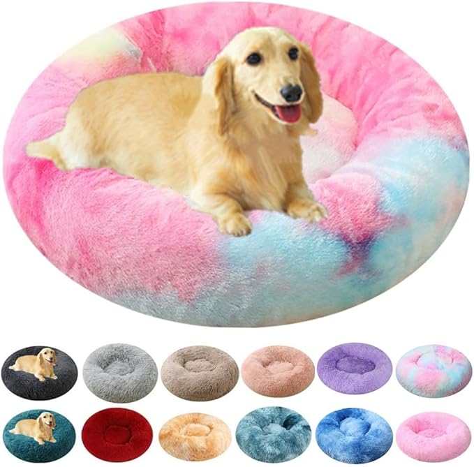 Calming Dog Bed Cat Bed, 24 Inch Donut Fluffy Anti-Anxiety Round Bed Washable Cute Bed, Cuddler Warming Cozy Soft Bed, Plush Cushion Bed for Small Medium Dogs and Cats (Rainbow)