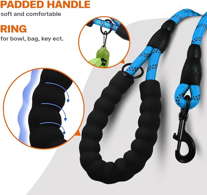 Taglory Rope Dog Leash 5 FT with Comfortable Padded Handle, Highly Reflective Threads Leash and Anti-Tangle Clip for Walking Small Dogs, 3/8 inch, Blue