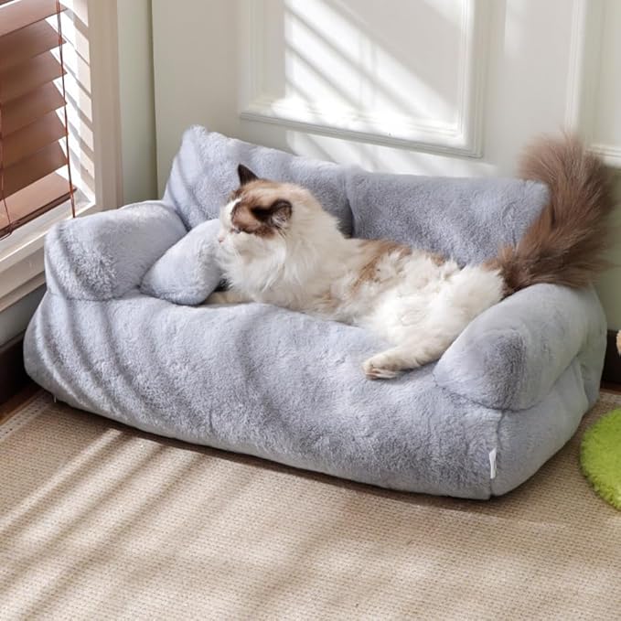 Soft Fluffy Self-Warming Cat Bed | Washable Pet Sofa for Indoor Cats & Small Dogs | Cute Princess-Inspired Kitten Couch & Puppy Bed(Beige,29.53''*20.08''*11.02'')
