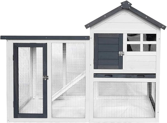 BIRASIL Wood Rabbit Hutch, Guinea Pig Cage with Pull Out Tray, 2 Levels Bunny House for Small Animals Outdoor Indoor (Gray, 48 Inch)