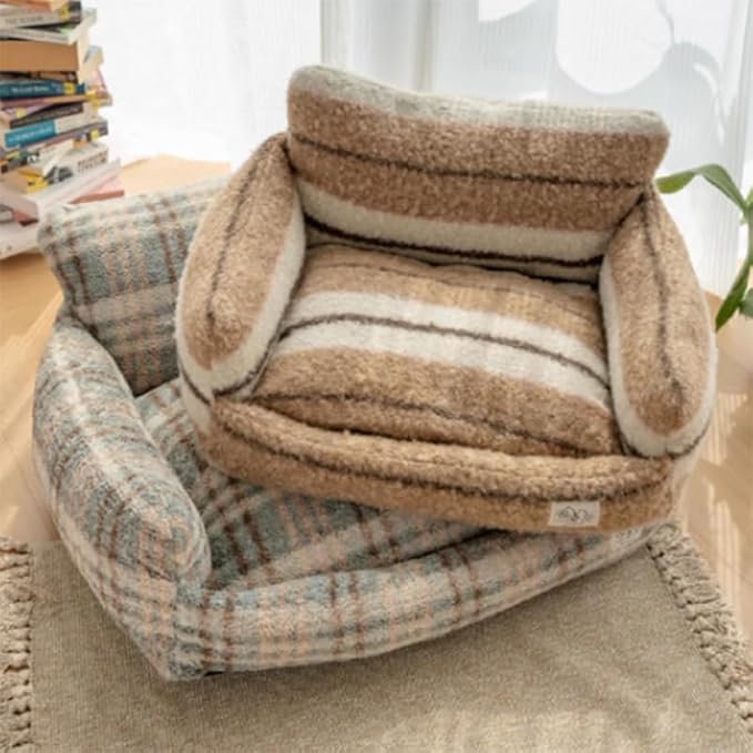 Lazy Holiday Plush Cozy Dog & Cat Sofa Bed, Teddy Velvet Dog Bed, Trendy Striped Faux Lambswool Double Layer Dog & Cat Sofa Bed Dogs Sleeping Mat for Medium Small Dogs & Cats (A-1,M)