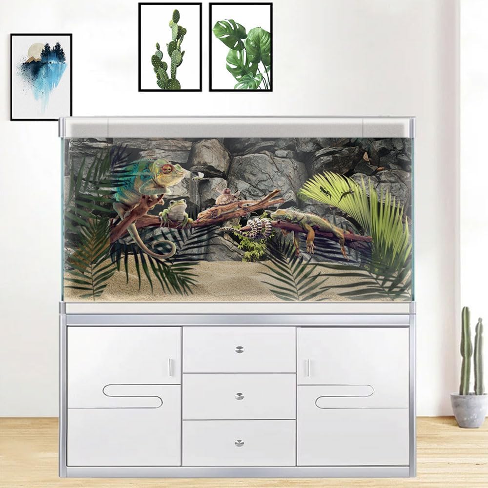 60X24IN Stone Aquarium Background, Rock Fish Tank Background, Natural Rocky Glass Terrarium Background with 8 EVA Double-Sided Tape