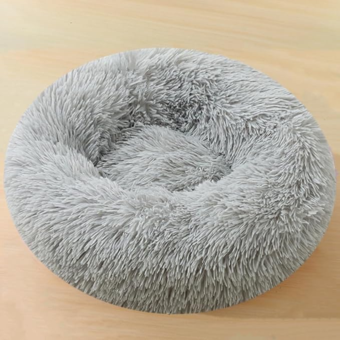 Calming Dog & Cat Bed, 24 Inch Anti-Anxiety Donut Cuddler Cat Bed with Anti-Slip Bottom, Washable Round Fluffy Pet Bed for Small Medium Dogs and Cats (Light Grey)