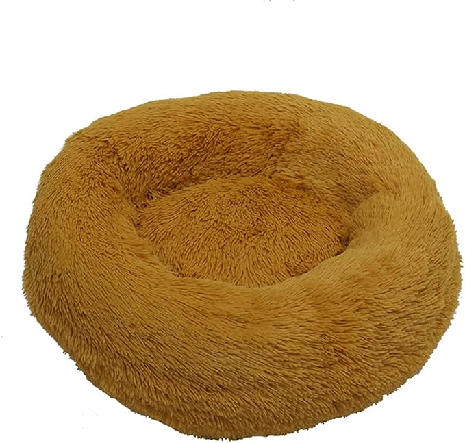 Calming Faux Fur Dog Beds Calming Donut Cuddler Dog Bed Washable Round Cat Bed Pillow Cuddler Fluffy Indoor Dog Calming Beds with Anti Slip Bottom Solid Color Yellow 16 Inch