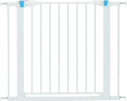 MidWest Homes for Pets 29 Inches Tall Walk-Though Steel Pet Gate, Pressure Mounted Dog Gate with Glow Strip Measures 29H x 29.5-38W Inches & Includes Two 3-Inch-Wide Extensions, White