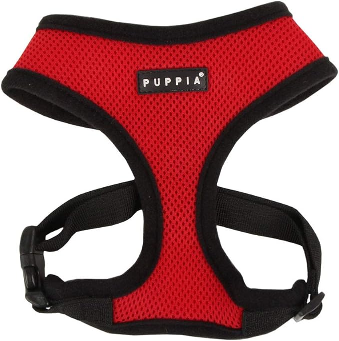 Puppia Soft Dog Harness No Choke Over-The-Head Triple Layered Breathable Mesh Adjustable Chest Belt and Quick-Release Buckle, Red, Large