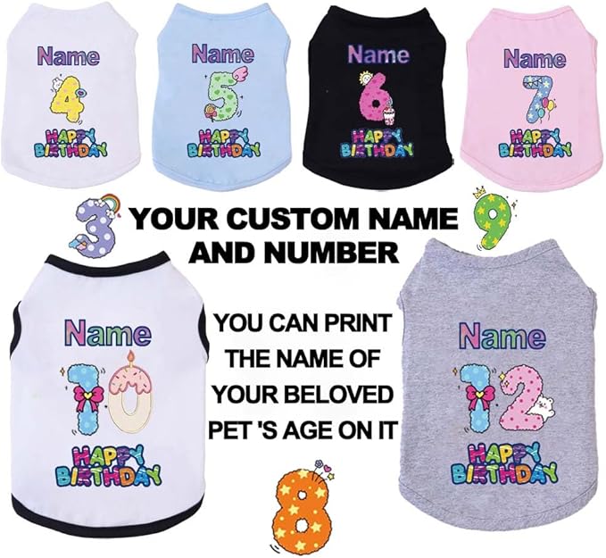 Custom Dog Birthday Shirt,Personalized Pet Apparel Print with Name Age Number,Pet Birthday Outfit,Lightweight Breathable Cotton Vest for Small Medium Large Dogs Cat (White, 6X-Large)