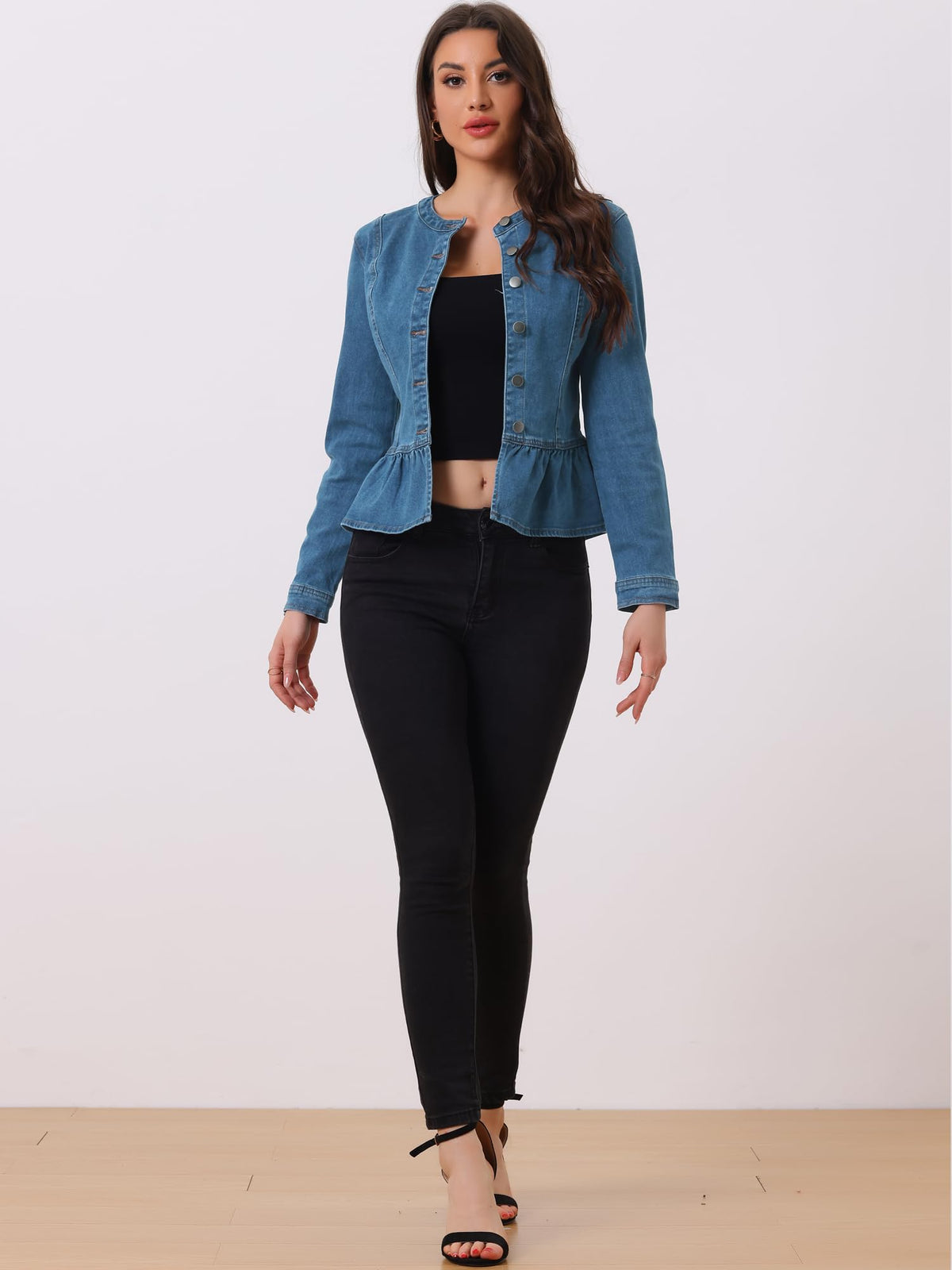 Allegra K Women's Peplum Denim Jacket Collarless Ruffle Hem Jacket