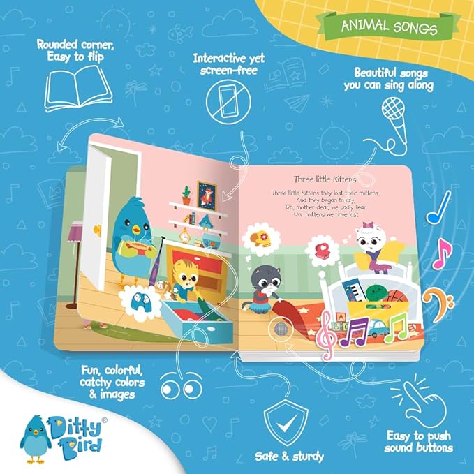 Ditty Bird Animal Songs Book for Toddlers – Interactive Sound Book with Baby Shark & More | Musical Board Book for 1-3 Year Olds | Fun, Realistic Animal Sounds | Sturdy Sensory Book for Baby