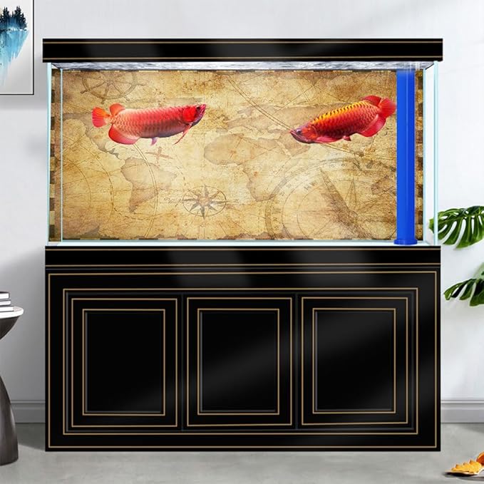 48X24IN Retro Old Travel World Map Terrarium Background, Art Parchment Pirate Treasure Map Reptile Habitat Background with 10EVA Double-Sided Tape