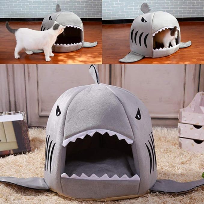 Shark Shaped Pet Dog Puppy Bed Warm Cat Bed House Nest for Autumn Winter Grey M