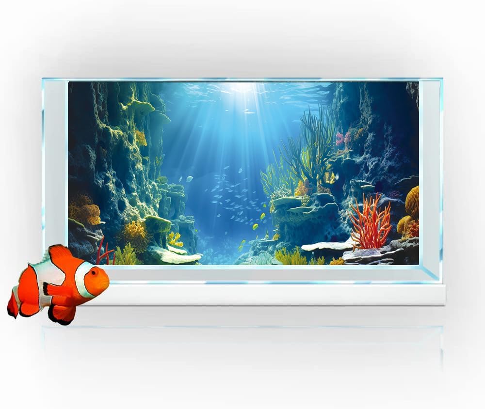 24X12IN Blue Sea Floor Aquarium Background, Natural Underwater World 3D Effect Fish Tank Decorations Background, Art Terrarium Background with 8 EVA Double-Sided Tape