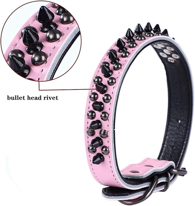 Spiked Studded Dog Collar, Genuine Leather Dog Collar, Adjustable Pet Collars for Medium Large Bulldog Pitbull Mastiff Poodle Boxer (M:29-38cm, Blue-1)