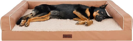 Furhaven Cooling Dog Sofa Bed – Memory Foam Couch with Bolsters, Textured Plush & Water-Resistant Cover, Washable Cover - Camel, Jumbo Plus